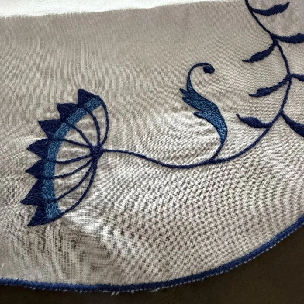 Three (3) Embroidered Placemats ~ Pure White w/Blue Floral “Vieux Luxembourg”